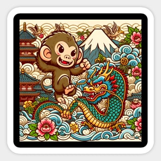 Cute Monkey and Dragon in Japan with Pagoda ,Wave, Flower and Fuji Mount Sticker